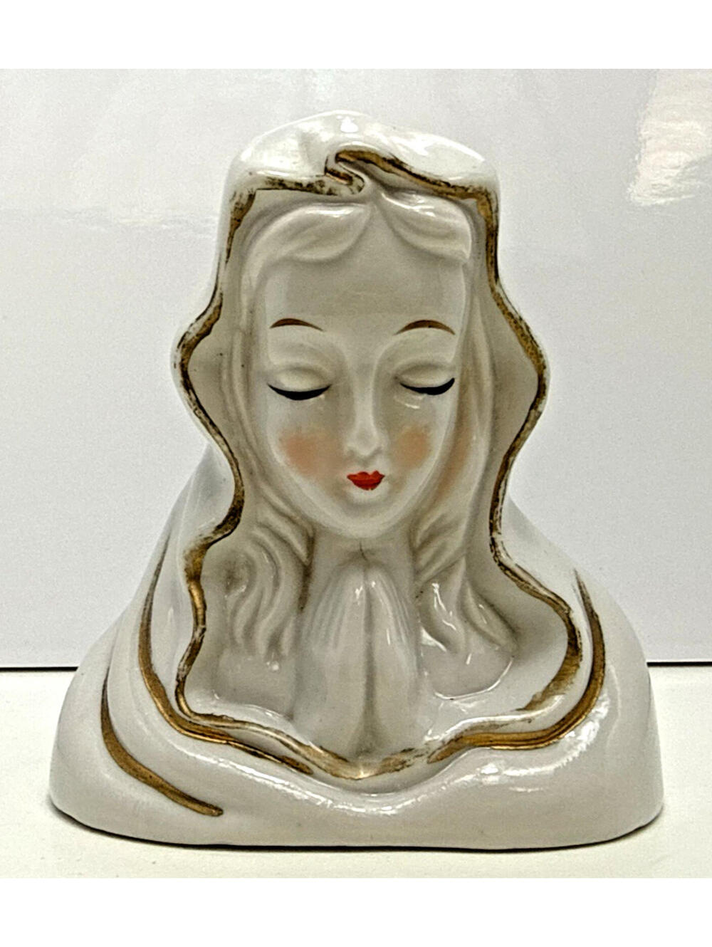 Vtg Porcelain Madonna Virgin Mary Figurine Head Kitsch Religious Decor Gold Trim
